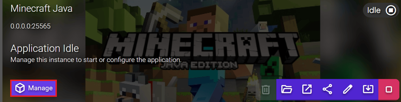 Visual of a stopped Minecraft Java instance with the Manage button highlighted.