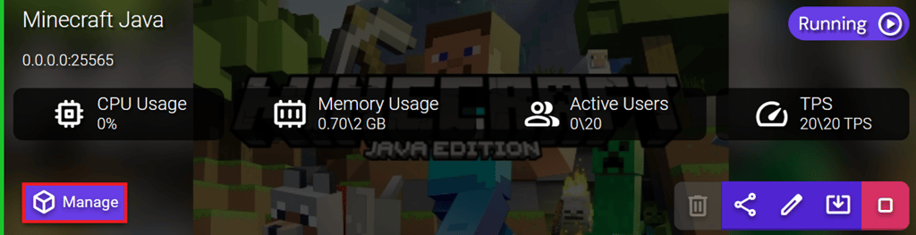 View of the Minecraft Instance in the Game Panel with Manage highlighted.