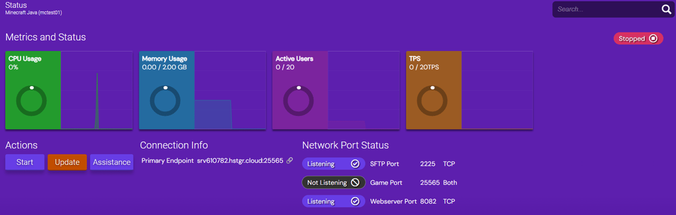 Image of a stopped Minecraft Java instance, displaying the Stopped status, metrics at 0, and an inactive Game Port.