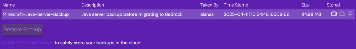 Visual view of a created backup for a Minecraft server using Hostinger Game Panel's backup functionality.
