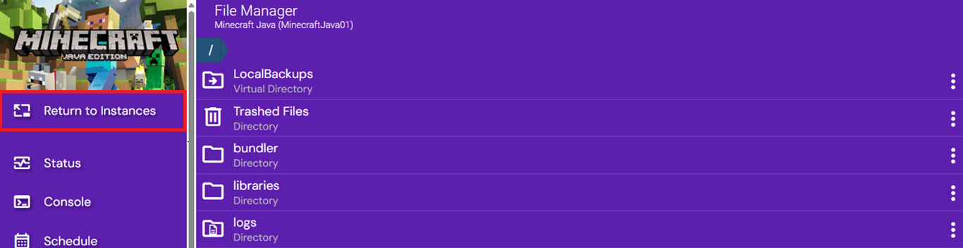 Image of the Minecraft server's file manager with Return to Instances highlighted.