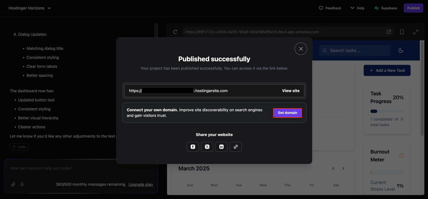 The successfully published web app pop-up confirmation in Hostinger Horizons