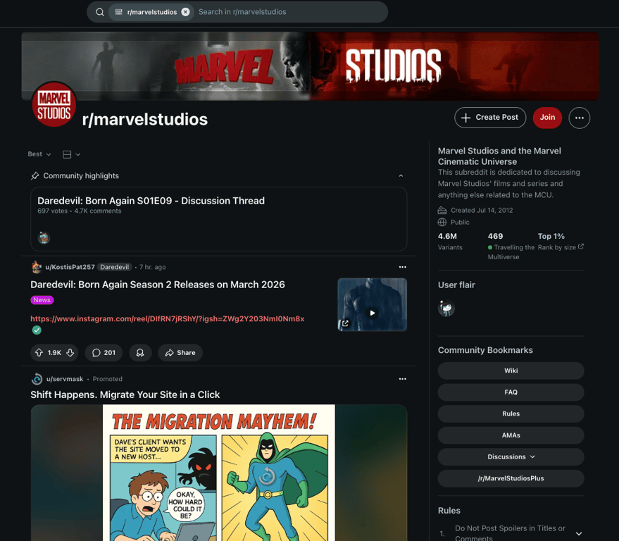 A reddit page for the Marvel community