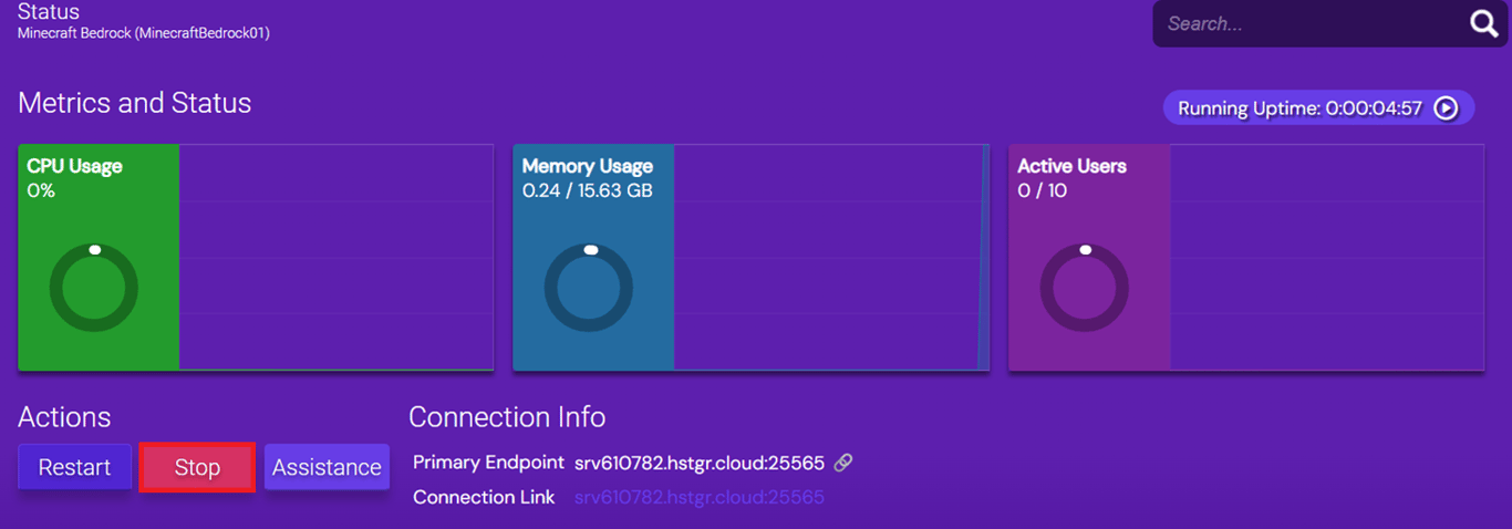 Minecraft Bedrock's server status overview with the Stop action highlighted.