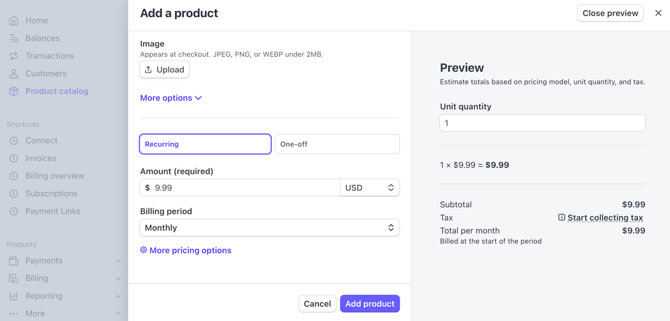 The Add a product dialog in Stripe