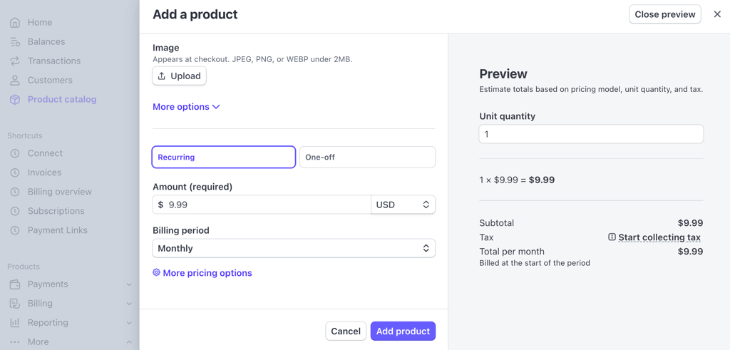 The Add a product dialog in Stripe