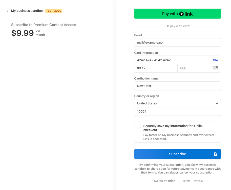 The Stripe checkout page