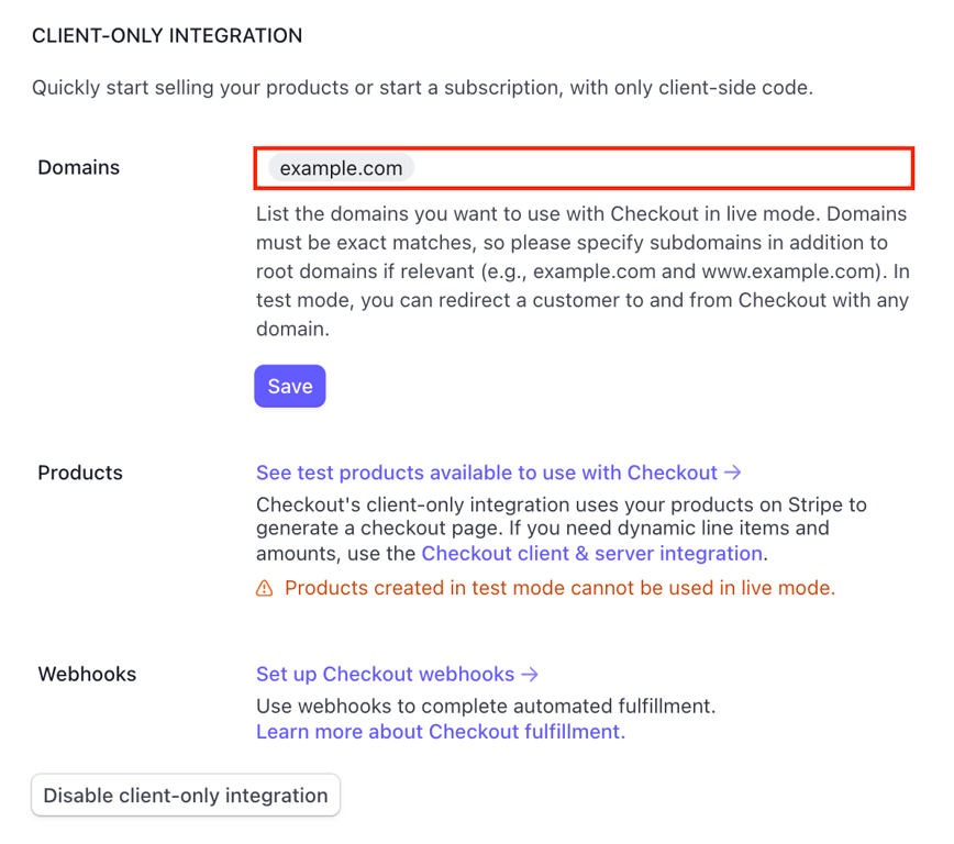 The Domains field in the CLIENT-ONLY INTEGRATION section of Stripe