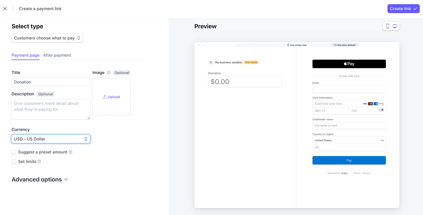 The Create a payment link dialog in Stripe