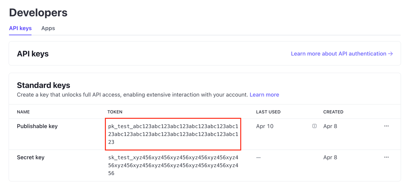The generated publishable key in Stripe's developers page