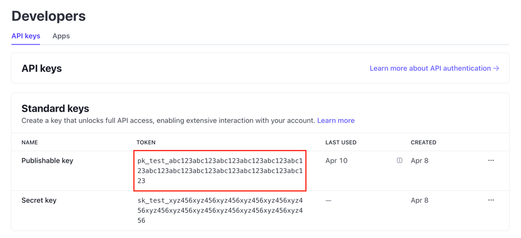 The generated publishable key in Stripe's developers page
