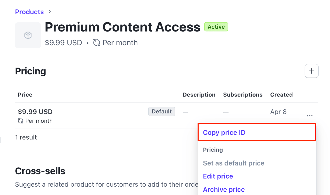 The Copy price ID option in a Stripe product