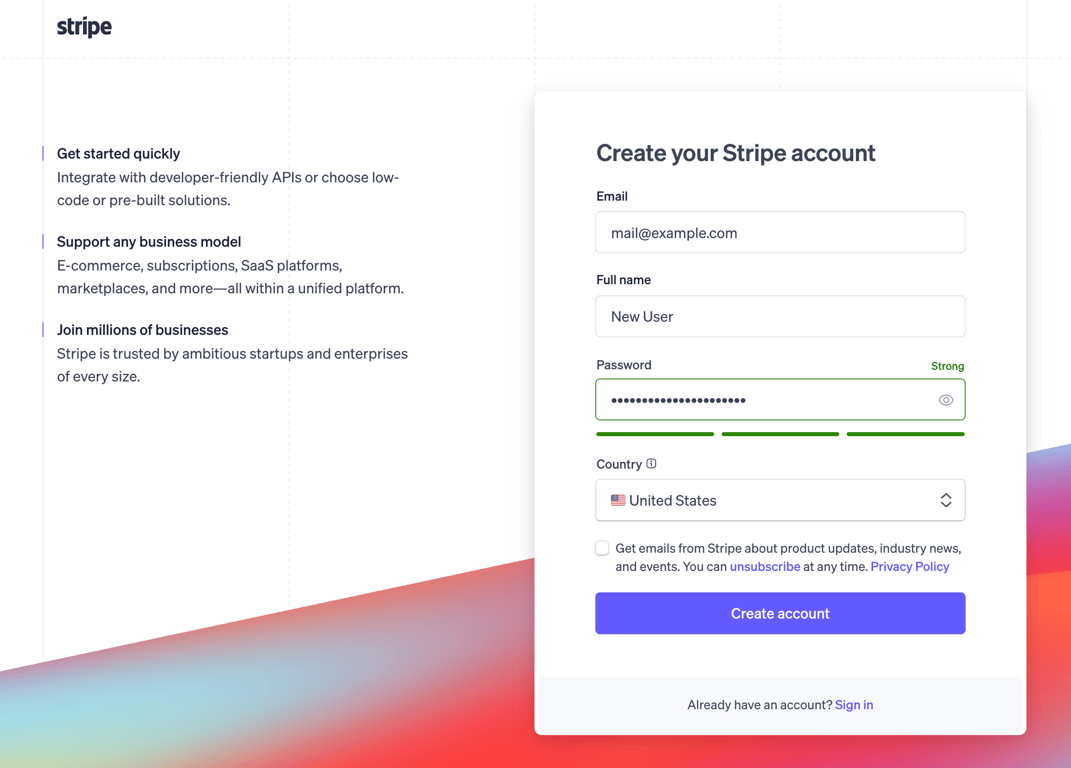 The Stripe registration page