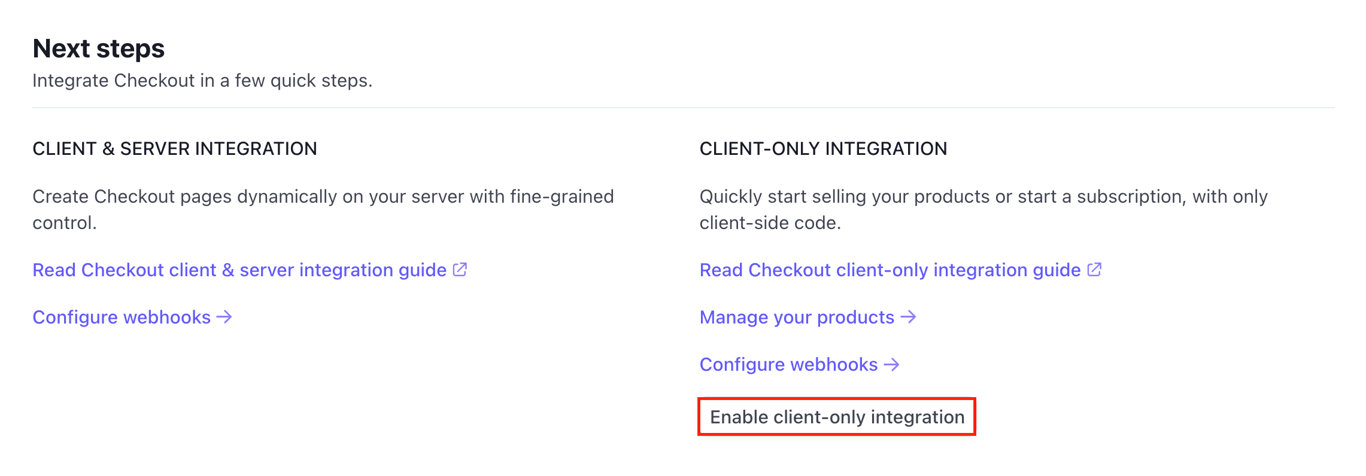 The Enable client-only integration button in the Payments menu of Stripe's Settings page