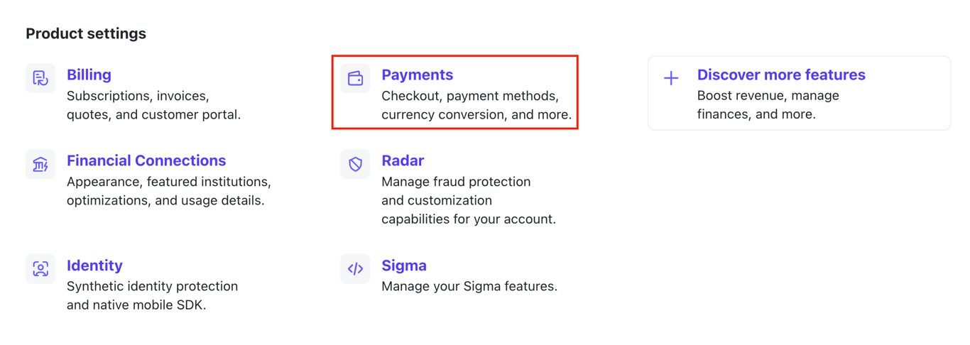 The Payments menu in Stripe's Settings page