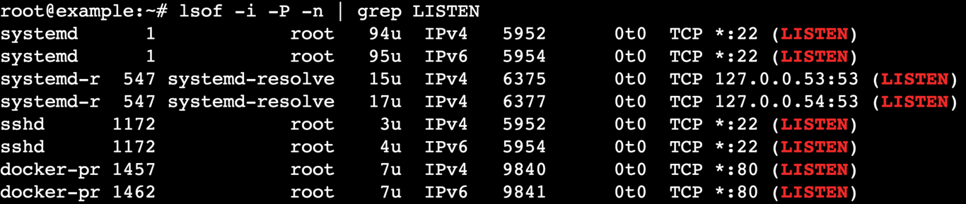 Terminal using lsof command to check active listening ports