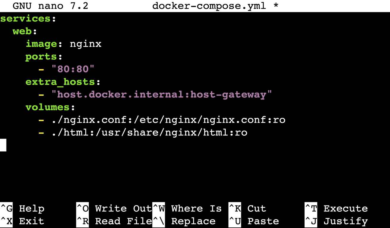 Nano editor displaying docker-compose.yml configuration file