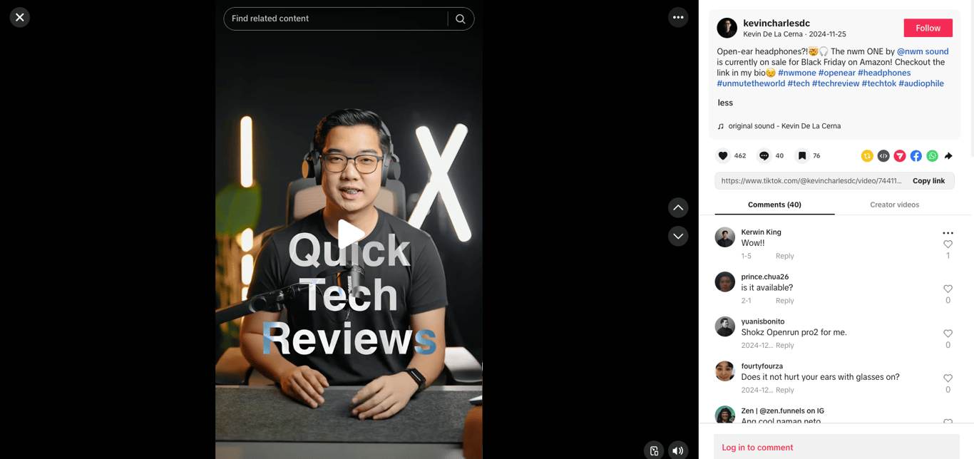 A TikTok post of an influencer reviewing a gadget