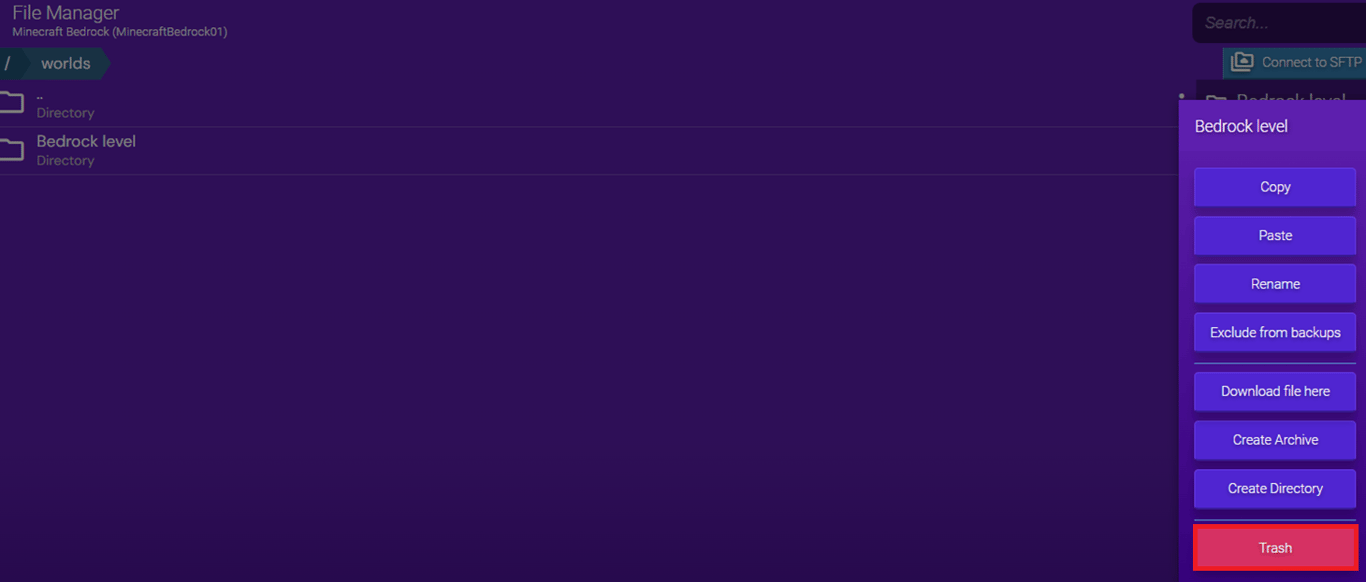 Minecraft Instance's File Manager interface with the Bedrock world data directory selected and the Trash option highlighted.