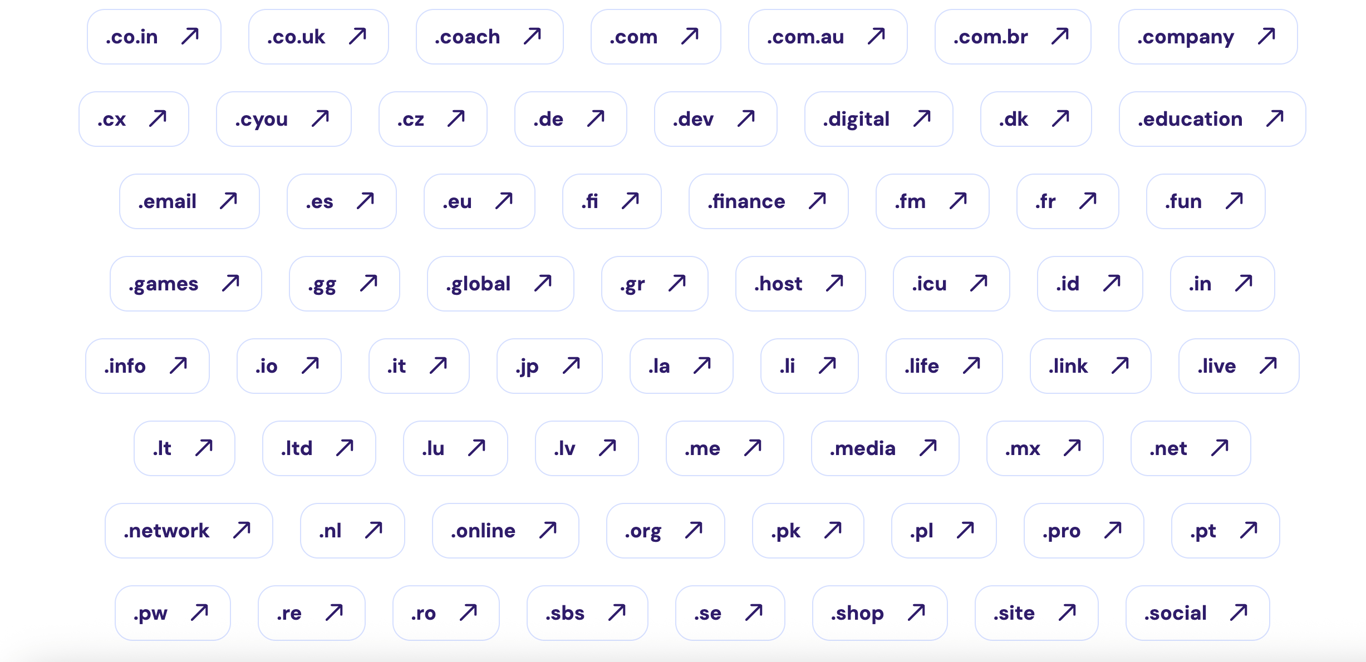 A graphic representation of various TLDs available with Hostinger