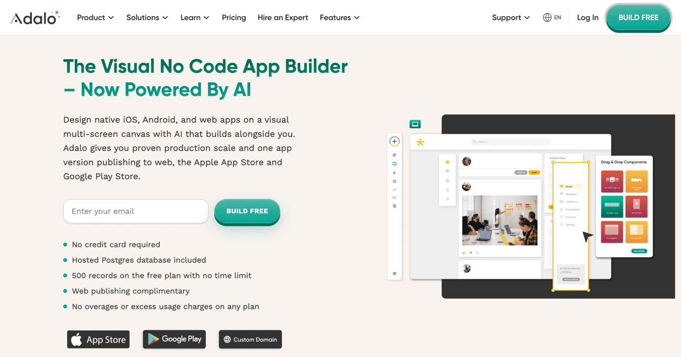 Homepage of Adalo