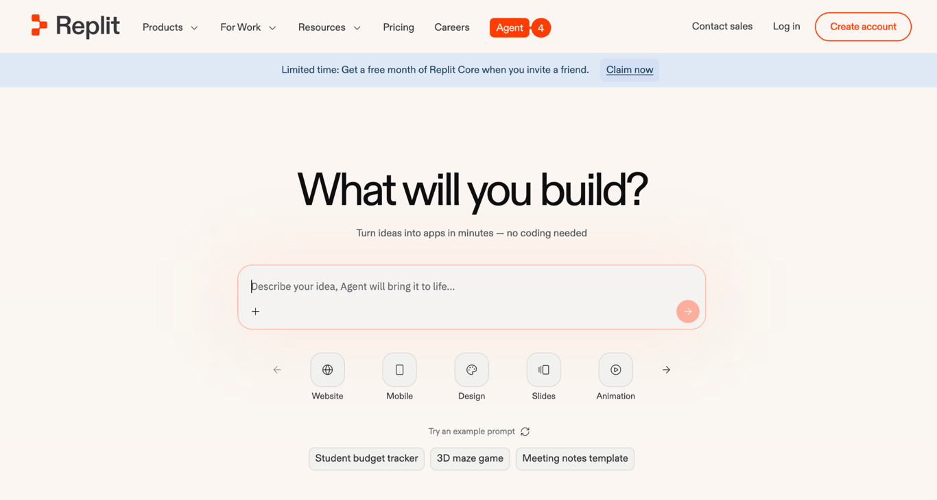 Homepage of Replit