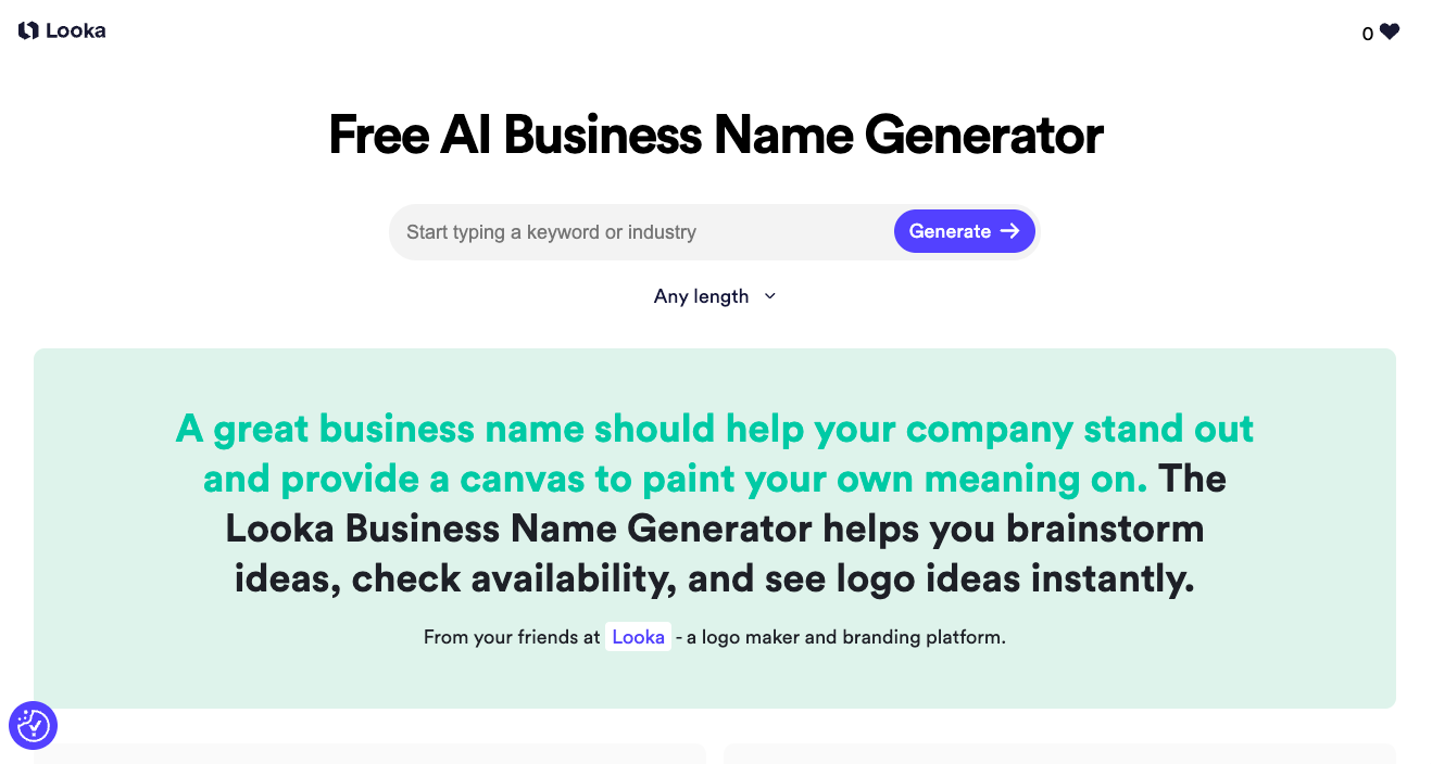 Looka business name generator with the search field