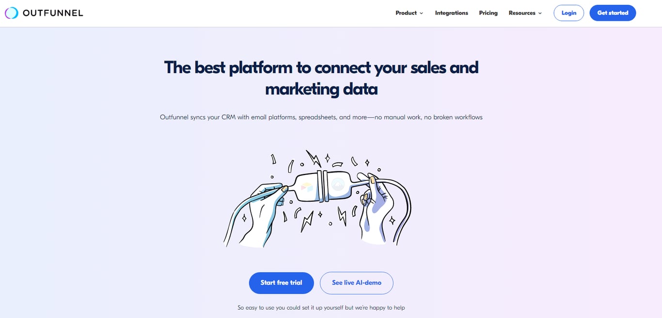 Homepage of Outfunnel, showcasing their CRM integration service with a light illustration of hands connecting cables. Features a call to action.