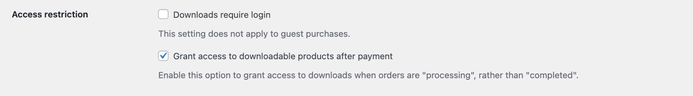 The Access restriction option in WooCommerce downloadable products settings