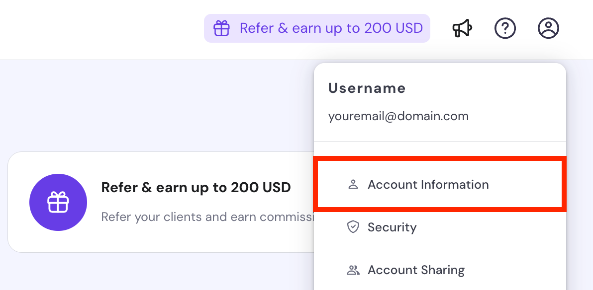 Account information button on hPanel's account management menu