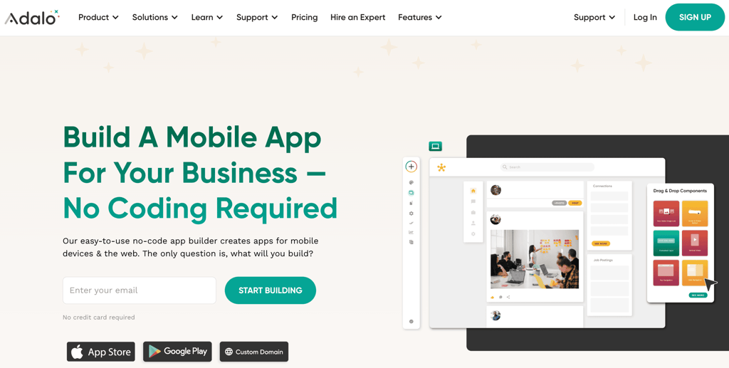 Homepage of Adalo