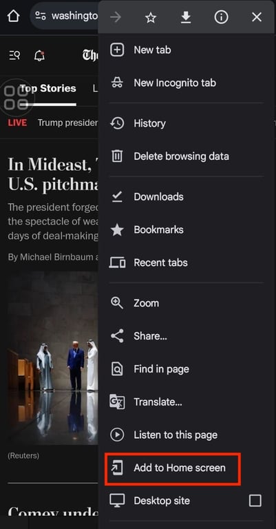 The Add to Home screen menu on an Android browser