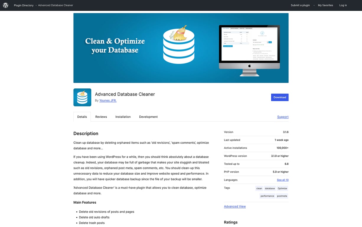 Advanced Database Cleaner WordPress plugin page, highlighting its features for optimizing and cleaning databases