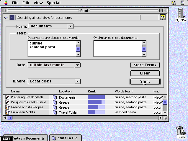 A vintage Mac interface showing a document search filter for "cuisine" and "seafood pasta" within local disks.