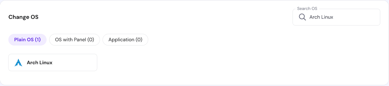 The Arch Linux template on Hostinger's VPS OS management menu