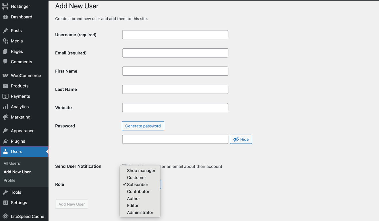Dropdown with various user roles for a WooCommerce store in WordPress admin dashboard