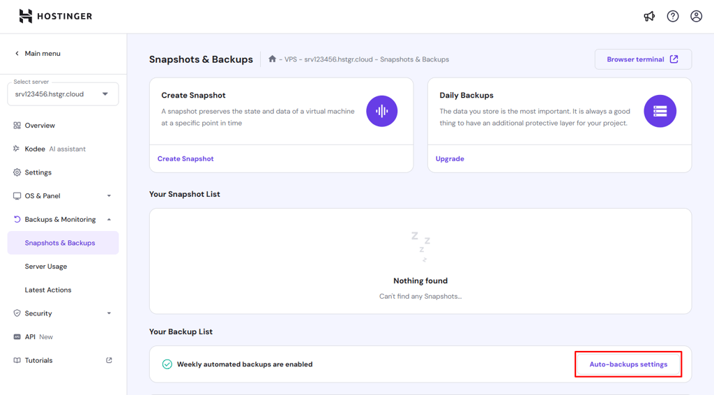 Automated backup settings in hPanel.