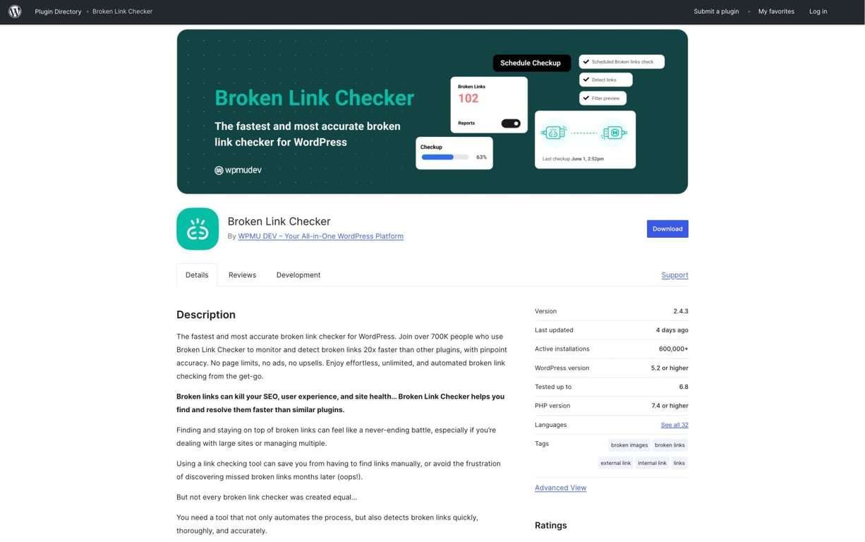 Broken Link Checker plugin page on WordPress, showcasing features, user ratings, and installation statistics