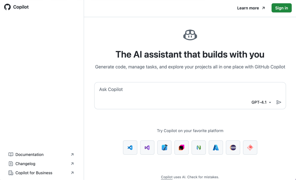 Homepage of Github Copilot