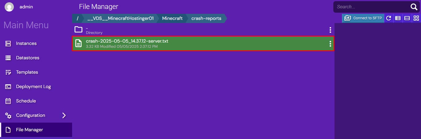 Crash report location in Game Panel's File Manager.