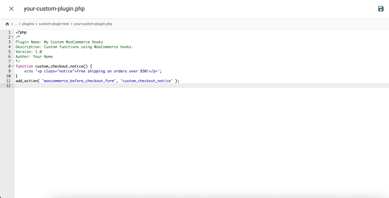 WooCommerce hooks code snippet example in a custom WordPress plugin file