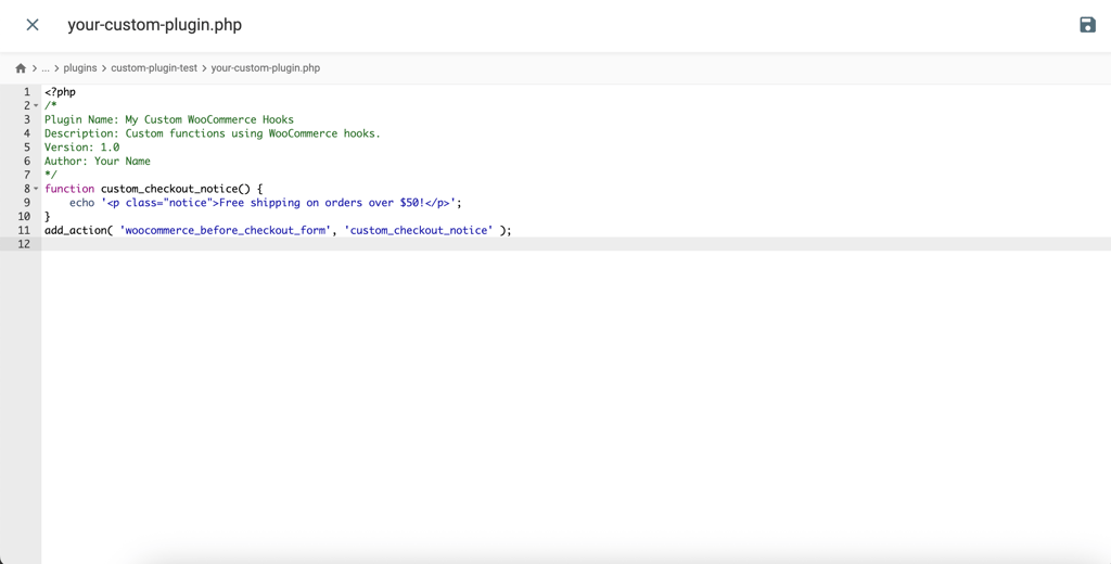 WooCommerce hooks code snippet example in a custom WordPress plugin file