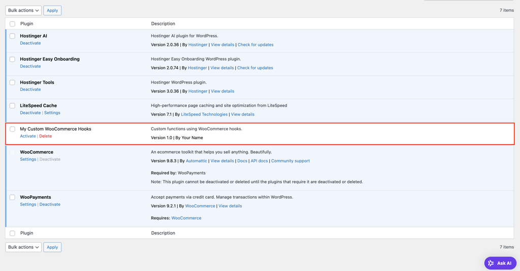 The custom WooCommerce hooks plugin displayed in WordPress dashboard