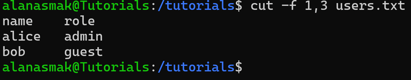 Example of the cut command with the field option where multiple fields are specified as the output.