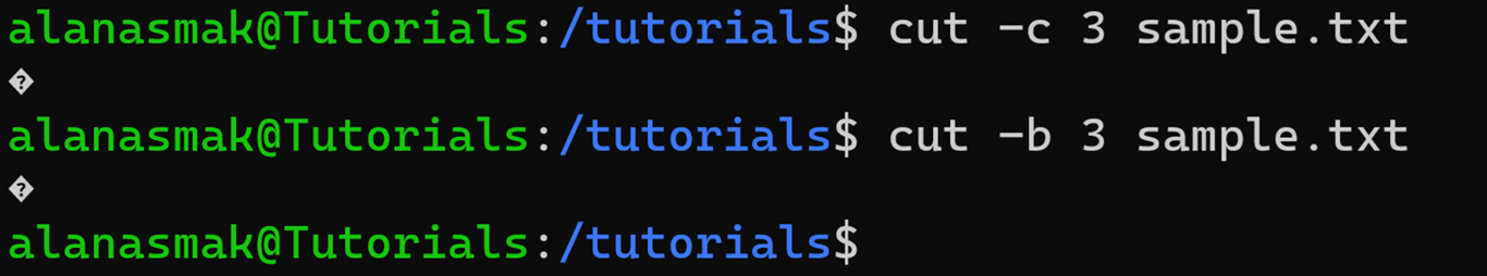 Display of what occurs when you use the cut command with characters and bytes on a character which requires multiple bytes to store.