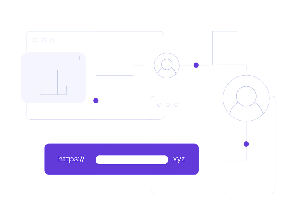 Illustration of a domain name input field with the prefix "https://" and suffix ".xyz", surrounded by abstract icons representing users and analytics
