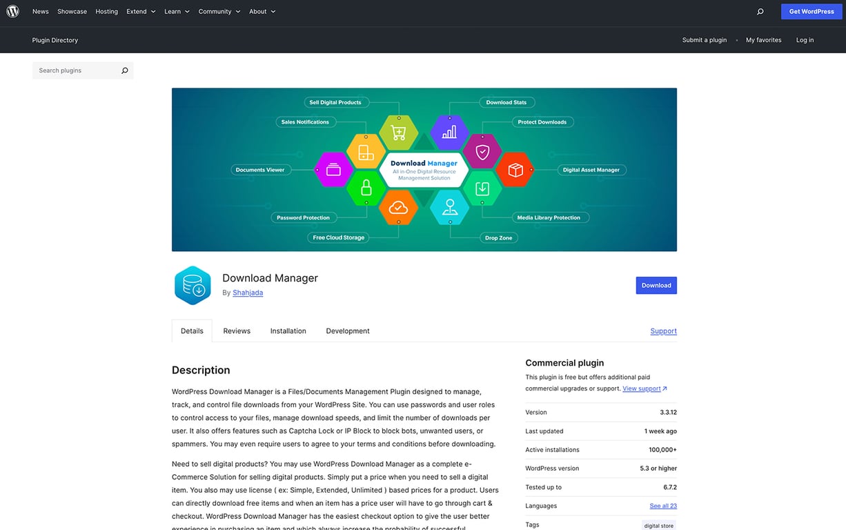 WordPress Download Manager plugin page showing a colorful visual with features like password protection, digital asset manager, and free cloud storage