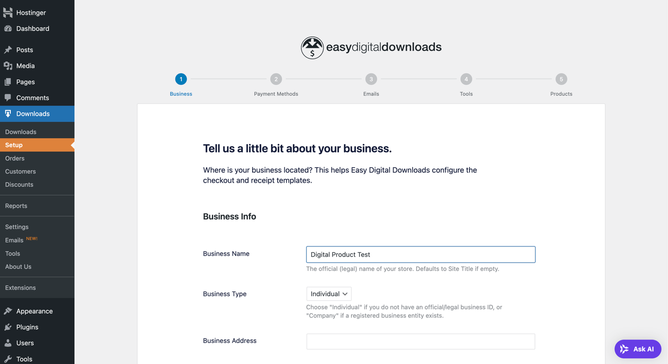 The Easy Digital Downloads' initial setup wizard