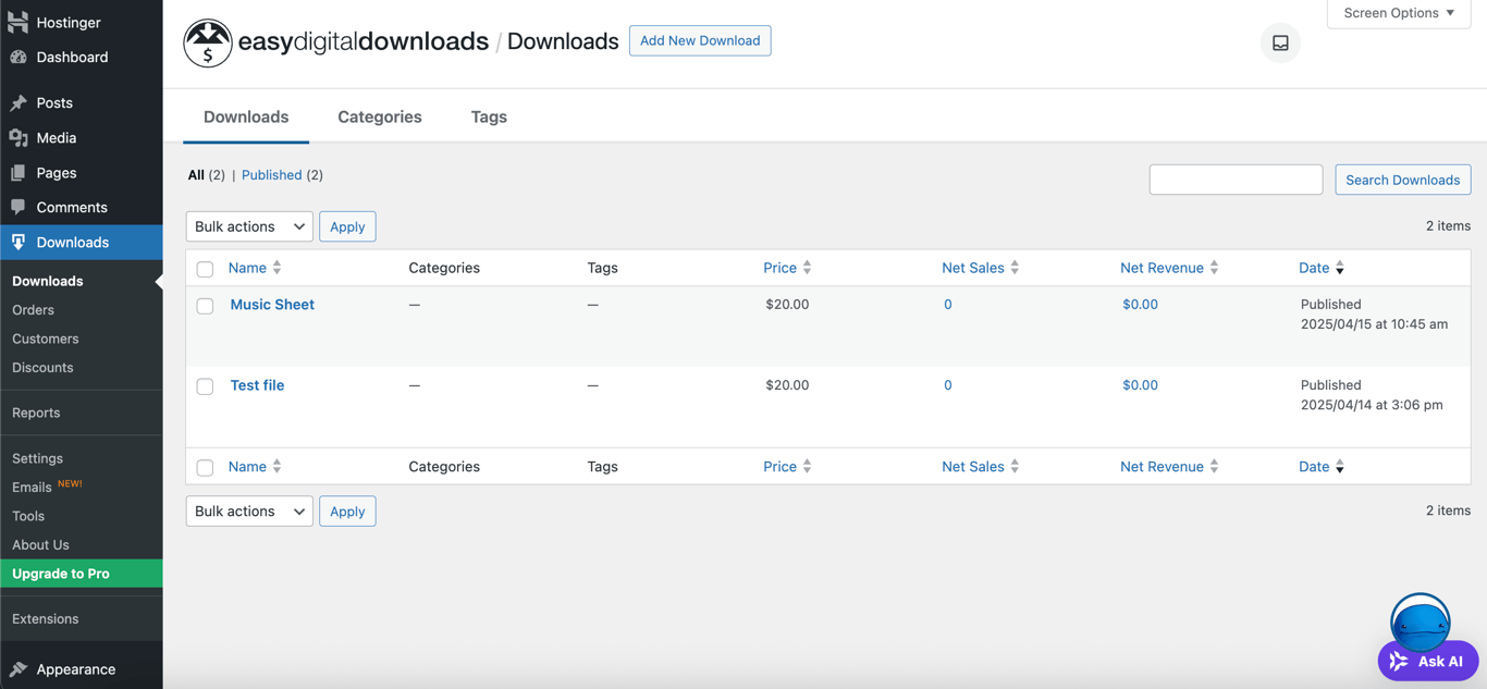 The Easy Digital Downloads plugin dashboard