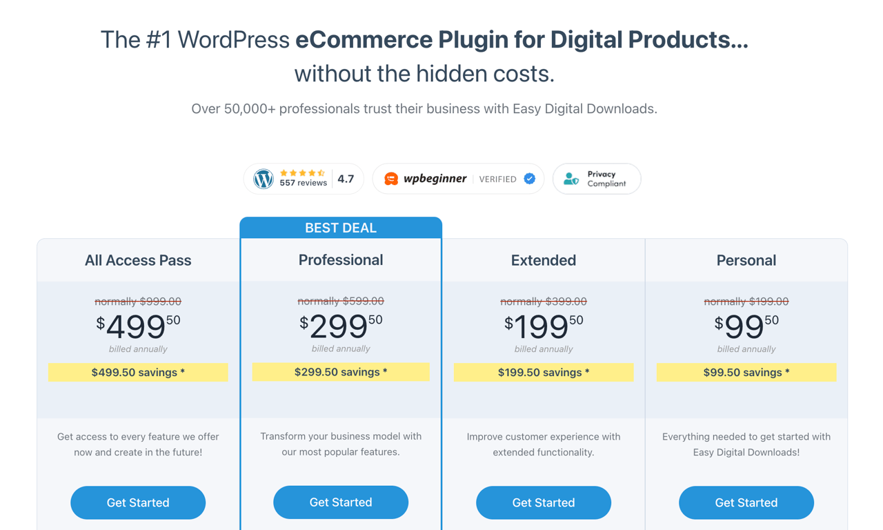 Easy Digital Downloads' pricing table